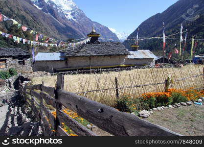 Buddhist monastery in villsge in mountain in Nepal