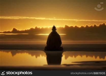 Buddhist monk meditating on calm lake at morning sunrise . Mind faith and meditation concept. Peculiar AI generative image.. Buddhist monk meditating on calm lake at morning sunrise