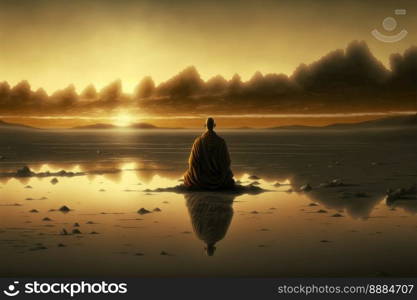 Buddhist monk meditating on calm lake at morning sunrise . Mind faith and meditation concept. Peculiar AI generative image.. Buddhist monk meditating on calm lake at morning sunrise