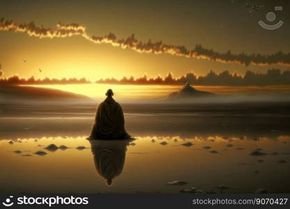 Buddhist monk meditating on calm lake at morning sunrise . Mind faith and meditation concept. Peculiar AI generative image.. Buddhist monk meditating on calm lake at morning sunrise