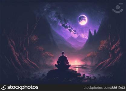 Buddhist monk meditating under star night sky . Energy and power of meditation concept. Peculiar AI generative image.. Buddhist monk meditating under star night sky