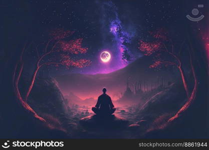 Buddhist monk meditating under star night sky . Energy and power of meditation concept. Peculiar AI generative image.. Buddhist monk meditating under star night sky