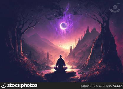 Buddhist monk meditating under star night sky . Energy and power of meditation concept. Peculiar AI generative image.. Buddhist monk meditating under star night sky