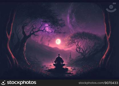 Buddhist monk meditating under star night sky . Energy and power of meditation concept. Peculiar AI generative image.. Buddhist monk meditating under star night sky