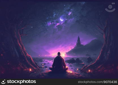 Buddhist monk meditating under star night sky . Energy and power of meditation concept. Peculiar AI generative image.. Buddhist monk meditating under star night sky