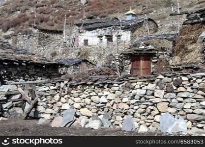 Buddhist temple and houses in Samdo, Nepal