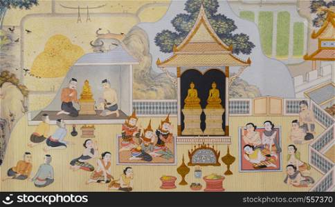Buddhist temple mural painting in Chiang Rai, Thailand