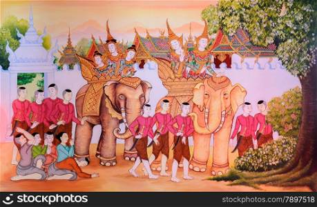 Buddhist temple mural painting (The life of Buddha) in Chiang Mai, Thailand