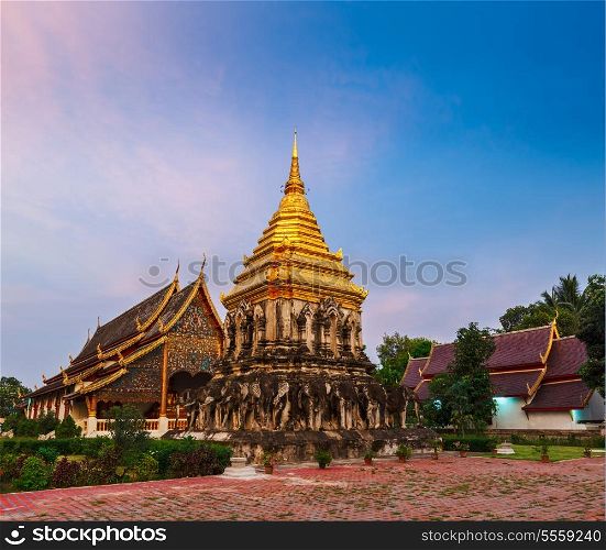 Buddhist temple Wat Chedi Luang in twilight. Chiang Mai, Thailand