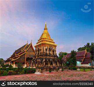 Buddhist temple Wat Chedi Luang in twilight. Chiang Mai, Thailand