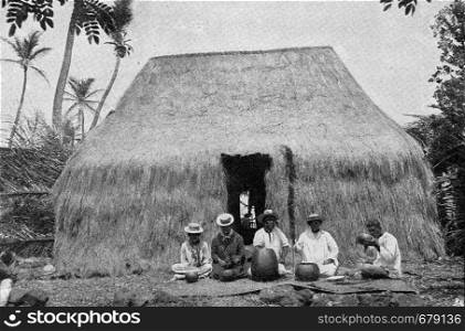 Budding hut of natives of Hawaii, vintage engraved illustration. From the Universe and Humanity, 1910.