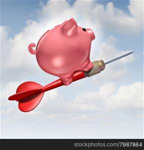 Budget goal and financial advice business concept as a piggybank character riding a red dart as a financial success symbol for managing finances and savings.