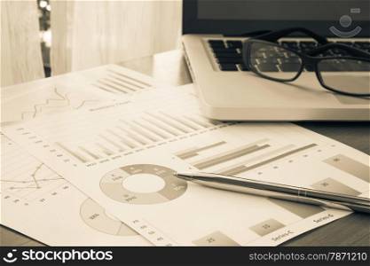 Budget planning and financial summary reports with graphs and charts place on home office table