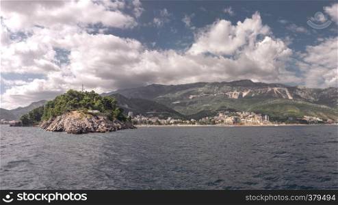Budva, Montenegro - 07.10.2018. Boat trip along the coast of the resort of Budva in Montenegro on a sunny summer day. Boat trip along the coast of Budva in Montenegro