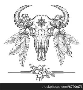 Buffalo or american bison skull. Buffalo or american bison skull on tribal boho style. American Indians dead cow head vector illustration