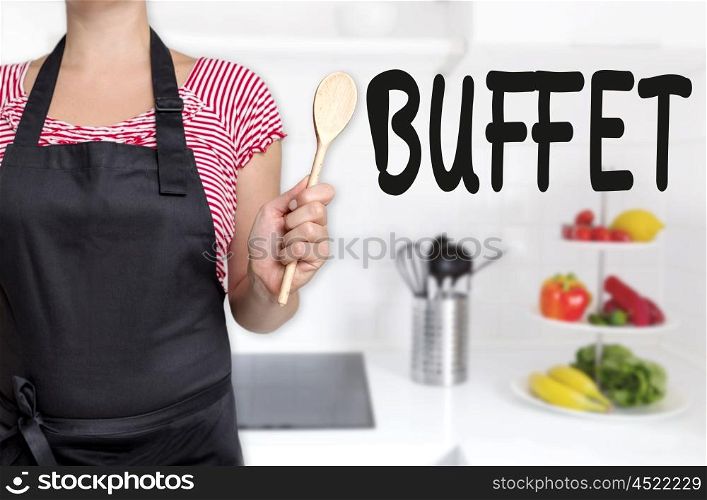 Buffet cook holding wooden spoon concept. Buffet cook holding wooden spoon concept.