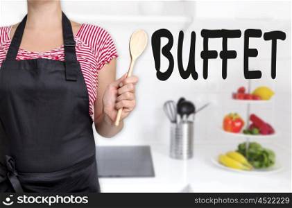 Buffet cook holding wooden spoon concept. Buffet cook holding wooden spoon concept.