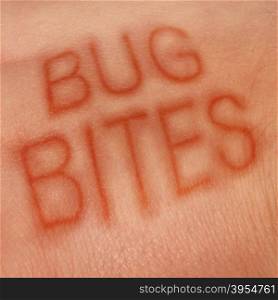 Bug bites medical concept and health care symbol for insect bite infection or skin irritation as human epidermis with text shaped with sores as for lym disease or dengue fever or zika virus and malaria.