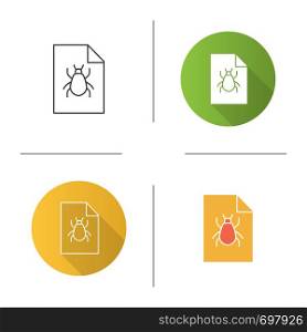 Bug report icon. Software errors information. Computer viruses statistics. Flat design, linear and color styles. Isolated vector illustrations. Bug report icon