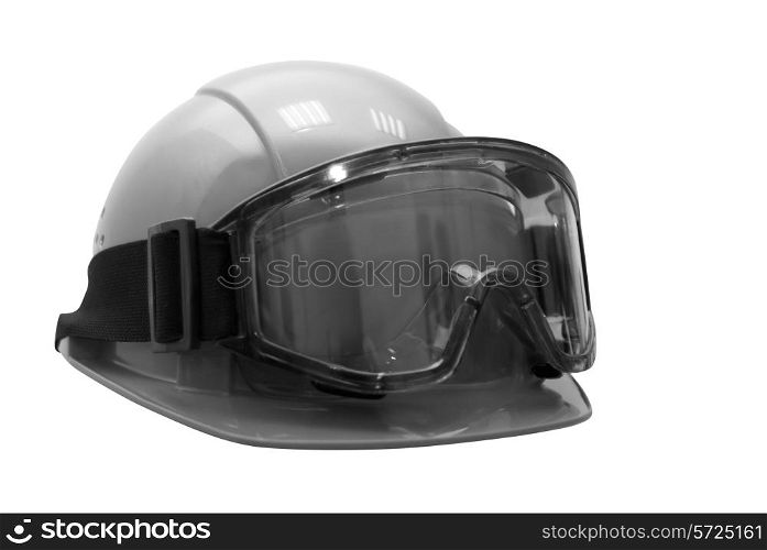 Build helmet with goggles on white. Black and white photo