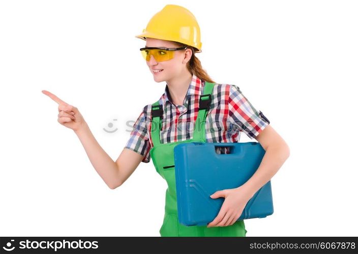 Builder female with toolbox pointing isolated on white
