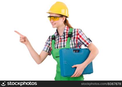 Builder female with toolbox pointing isolated on white