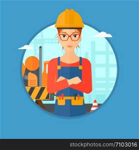 Builder standing with arms crossed. Confident builder on a background of construction site with concrete mixer and road barriers. Vector flat design illustration in the circle isolated on background.. Confident builder with arms crossed.