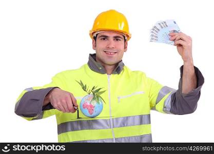 Builder with a globe and cash