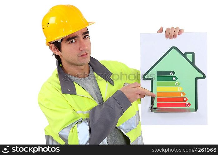Builder with an energy rating sign