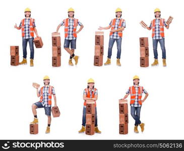 Builder with clay bricks isolated on white