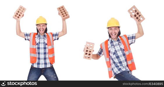 Builder with clay bricks isolated on white