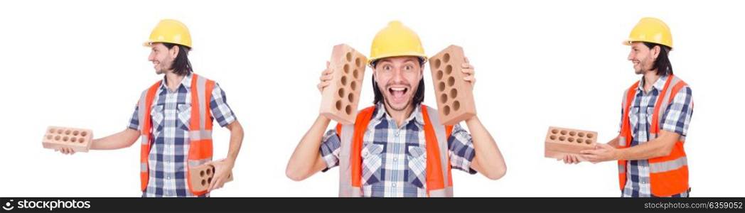 Builder with clay bricks isolated on white