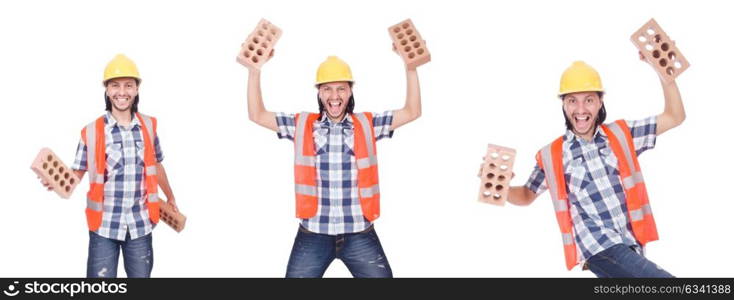 Builder with clay bricks isolated on white. The builder with clay bricks isolated on white