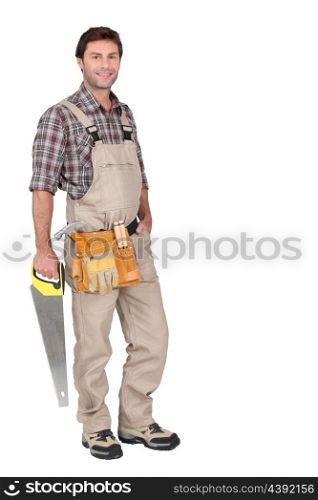 Builder with hand saw.