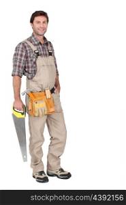 Builder with hand saw.