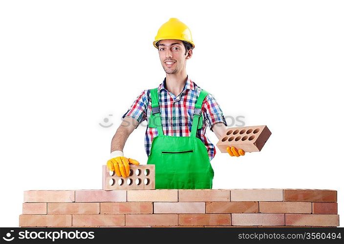 Builder with hard hat on white