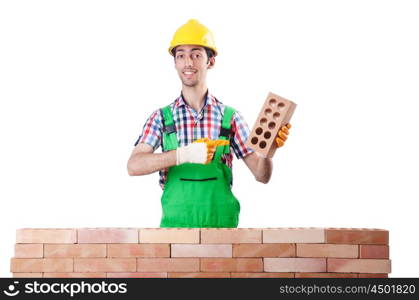 Builder with hard hat on white