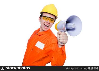 Builder with loudspeaker isolated on white