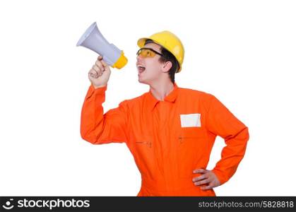 Builder with loudspeaker isolated on white