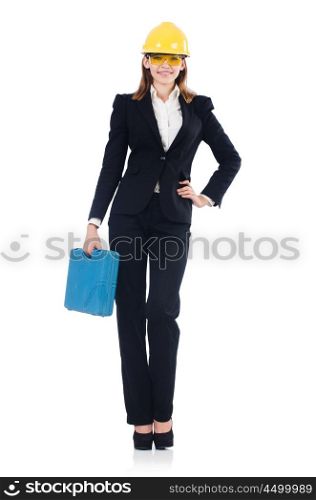 Builder woman with holdall isolated on white