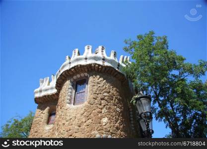 building at entrance Park Guell, the famous park in Barcelona, Spain