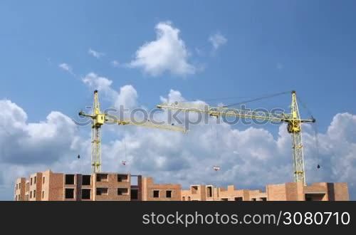 Building big living house from scratch against cloudy sky. Animation based on real photos, original color and design changed