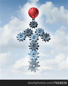 Building business success with a red hot air balloon constructing an arrow in the sky with a group of connected three dimensional gears and cog wheels as a creative concept of network planning and strategy through organization.