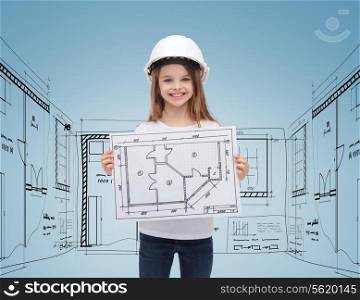 building, childhood, developing, construction and architecture concept - smiling little girl in white helmet showing blueprint