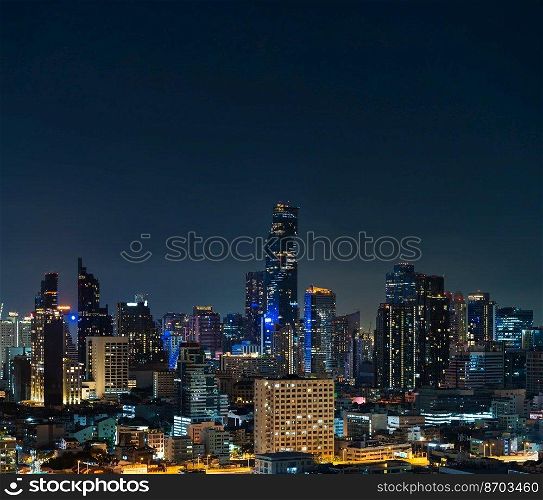 building cityscape at night in Bangkok city, Thailand  