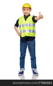 building, construction and profession concept - happy smiling little boy in protective helmet and safety vest showing thumbs up over white background. happy boy in construction helmet showing thumbs up