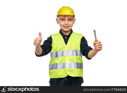 building, construction and profession concept - happy smiling little boy in protective helmet and safety vest holding screwdriver showing thumbs up gesture over white background. happy boy in building helmet with screwdriver
