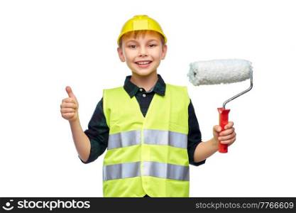 building, construction and profession concept - happy smiling little boy in protective helmet and safety vest with paint roller showing thumbs up gesture over white background. boy in helmet with paint roller showing thumbs up
