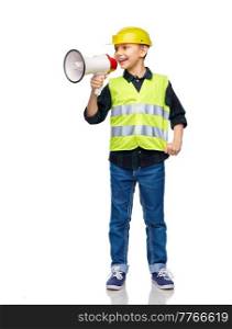 building, construction and profession concept - happy smiling little boy in protective helmet and safety vest talking to megaphone over white background. boy in protective helmet talking to megaphone