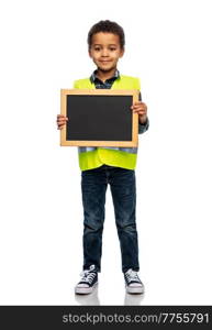 building, construction and profession concept - smiling little boy in yellow safety vest over white background. little boy in safety vest over white background